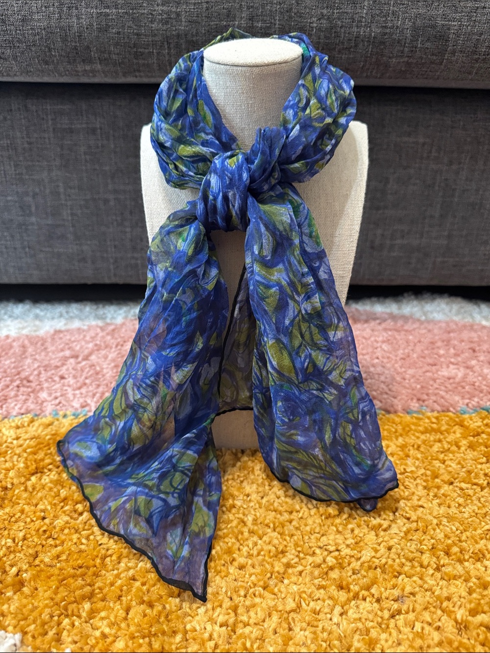 Silk Abstract Floral Scarf Blue Green Lavender Rolled Edges